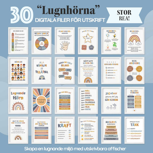 “Lugnhörna” 30 affischer för utveckling av barns emotionella intelligens (utskrivbar produkt)